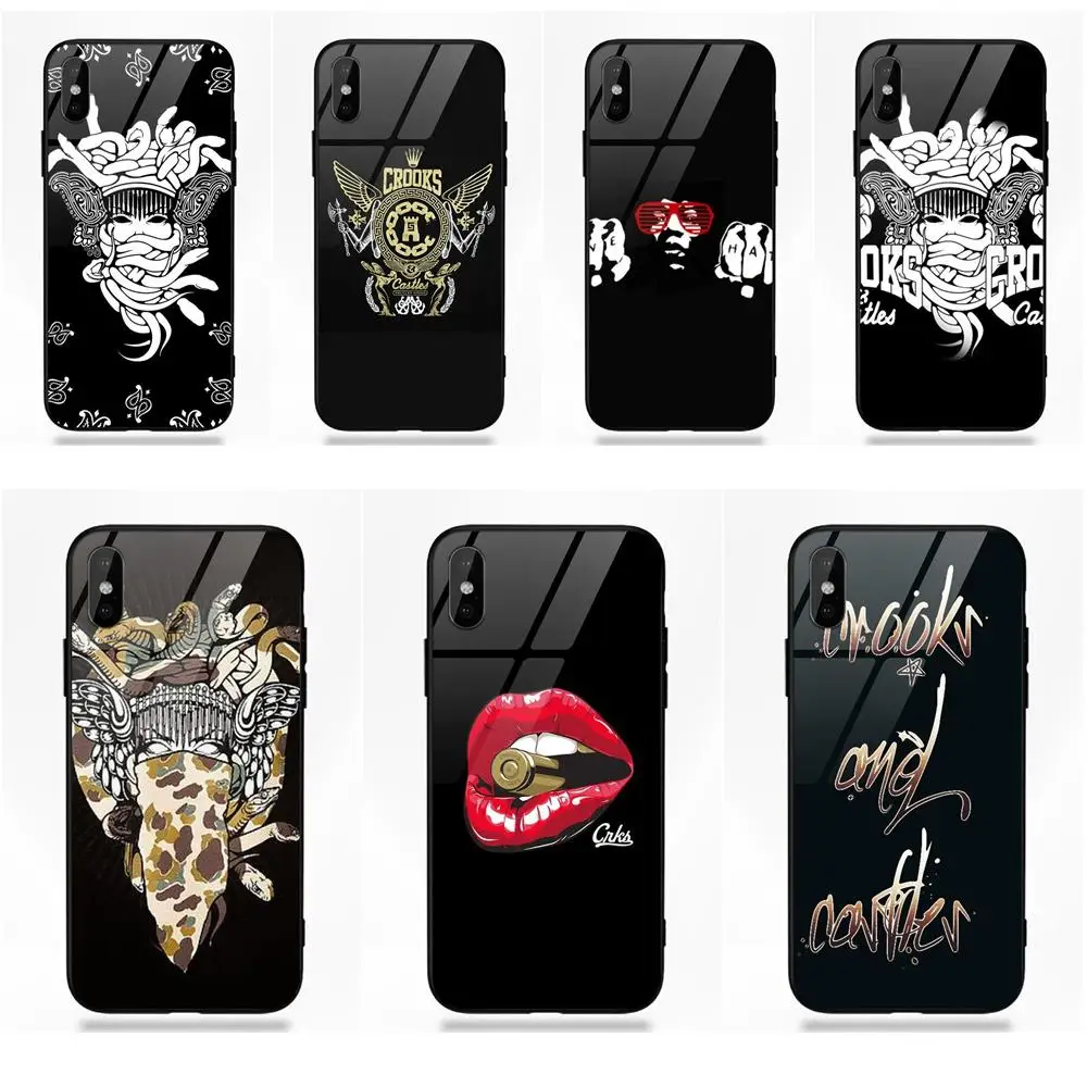 

Crooks And Castles For Apple iPhone 5 5C 5S SE 6 6S 7 8 Plus X XS Max XR Soft TPU Frame Tempered Glass Pattern Phone Cover Case