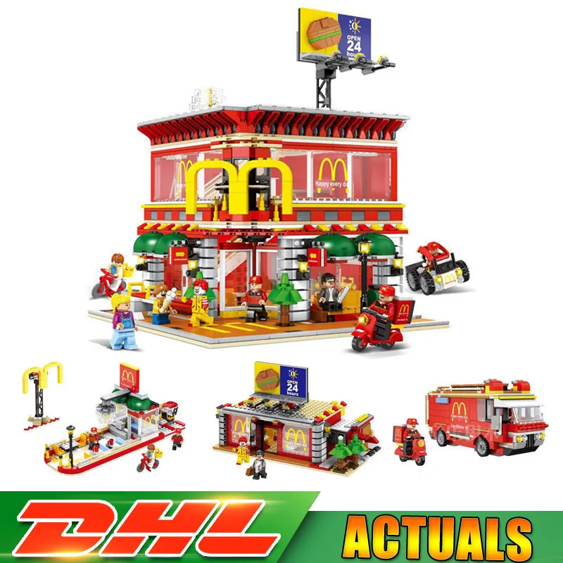 

SD6901 1729 Pcs Architecture City LED MacDonalds Christmas Restaurant 4in1 Street View Model Bricks Block Compatible LegoINGlys
