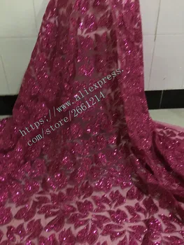 

BZL-00226 Embroidery African Nigerian Guipure Lace Fabric with glued glitter Nigerian Guipure Lace Fabric in fussical pink
