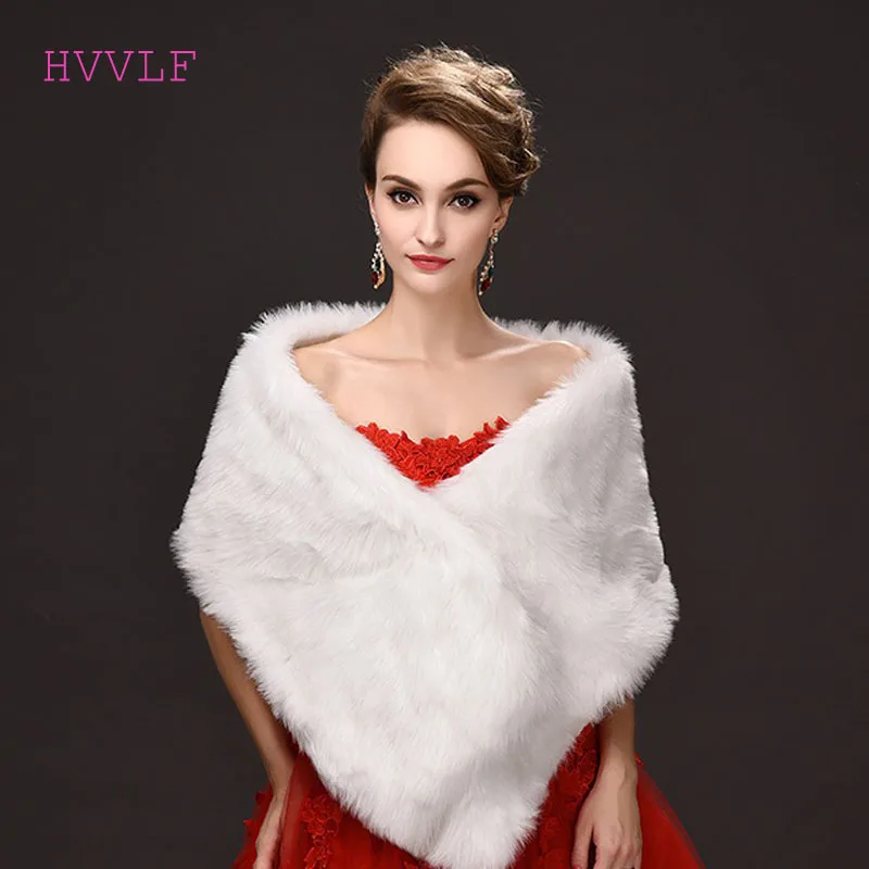 Women Winter Wedding Wraps White Faux Fur Long Cape for Party Dress