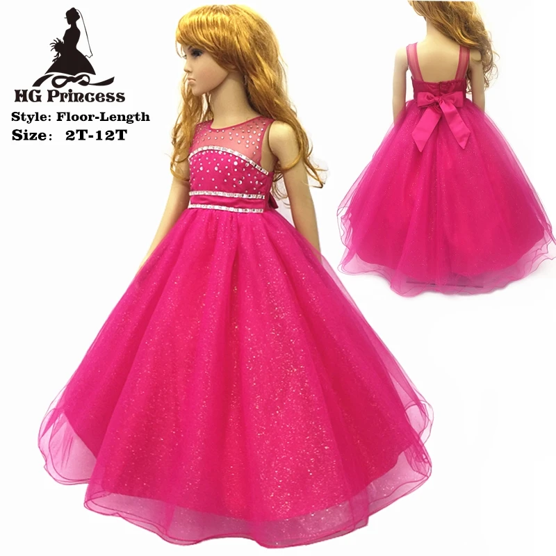 

Free Shipping 2-12 Years Child Party Dress 2018 New Arrival Fuchsia Flower Girl Dresses Diamonds Full Length Kids Evening Gowns