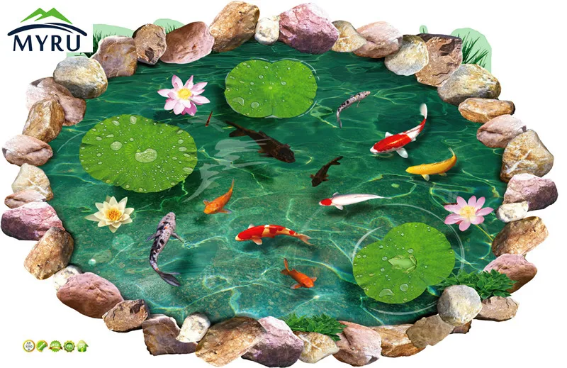 Fish ponds ground 3 d new home wall 88.5 x58cm paste PVC material floor stickers lotus
