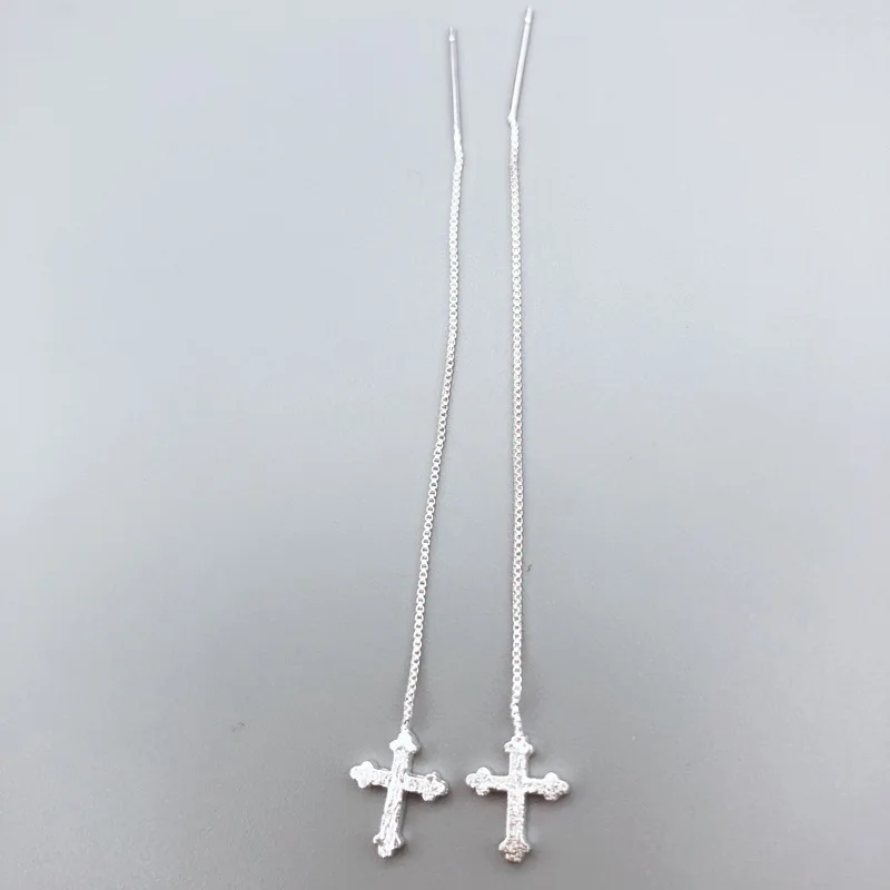 

New 100% 925 Sterling Silver Drop Long Tassel Cross Earring Fashion Faith Earrings For Women Girl Female Pendant Jewelry