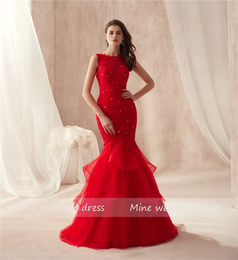 Красное платье-русалка без рукавов с рюшами, фатиновое платье для выпускного вечера, кружевные сексуальные длинные вечерние платья, vestido formatura