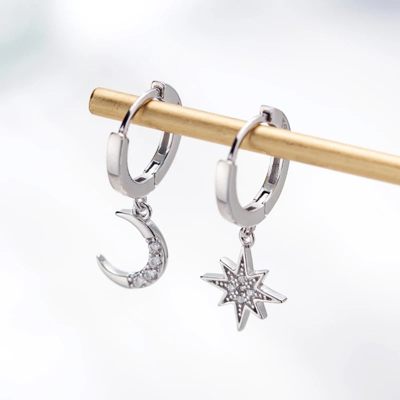 

925 Silver Snowflake Earring Shiny Moon Star Zircon Earrings Asymmetry Delicate Eight Pointed Star Fashion Wedding Women Jewelry
