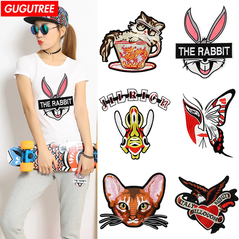 GUGUTREE embroidery patches big rabbit cats patch buttlefly badges for jackets | Дом и сад