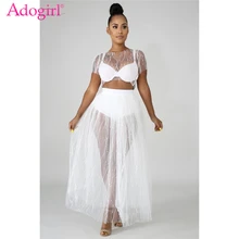Adogirl Beaded Pearls Sheer Mesh Evening Party Dresses Elegant Women O Neck Shorts Sleeve Maxi Summer Dress Female Vestidos pearl beaded sheer mesh dress