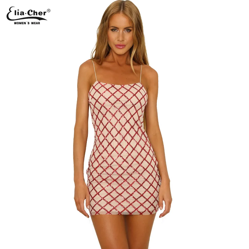 

2018 summer new sequined mini spaghetti strap dress women sexy sheath plaid dresses female evening party sexy clothing 9089