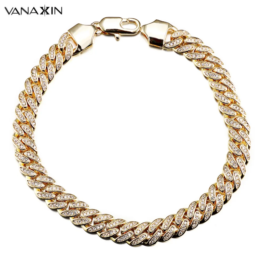 

VANAXIN Hip Hop Bracelet CZ Paved Iced Out High Quality Bracelets Men Rock Jewelry Gold/Silver Color Chain CZ Crystal Jewelry