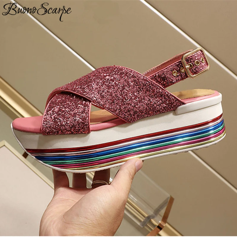 

Buono Scarpe Glitter Women Bling Sandals Platform Rainbow Heels Summer Shoes Thick Heel Sandalias Mujer Casual Prom Ladies Shoes