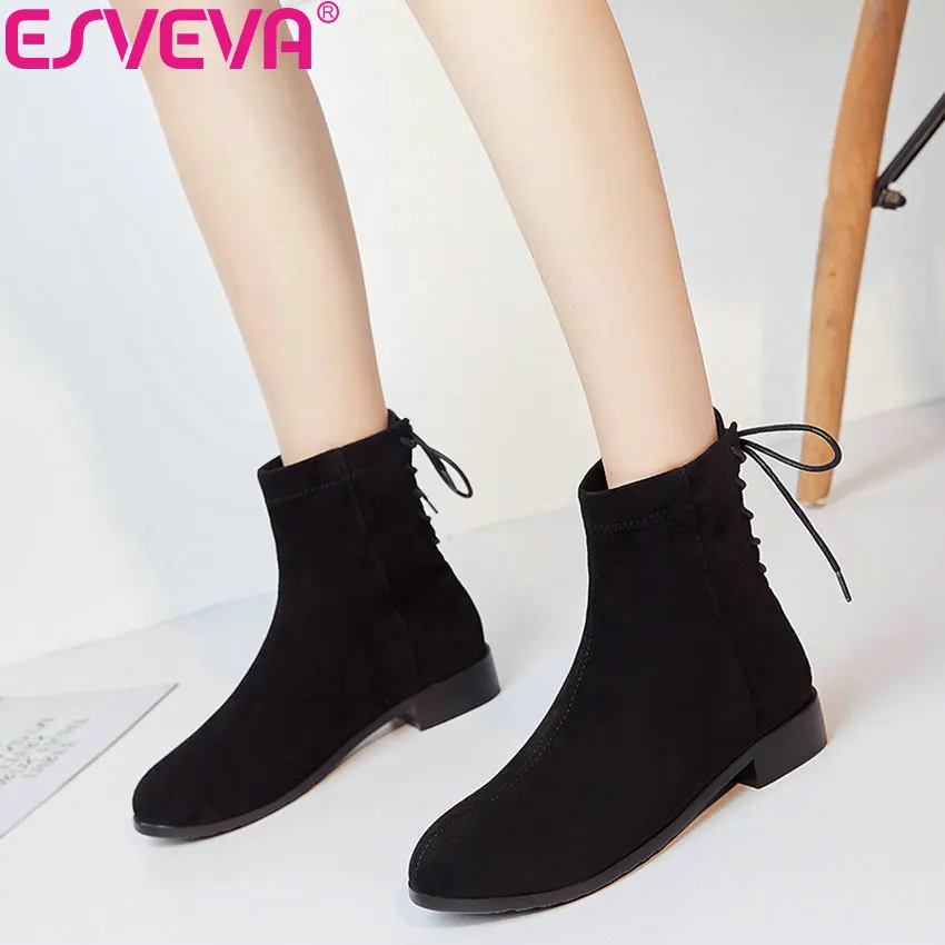 

ESVEVA 2019 Woman Boots Cross-tied Western Style Autumn Lace Up Shoes Square Med Heels Round Toe Boots Women Ankle Boots 34-43