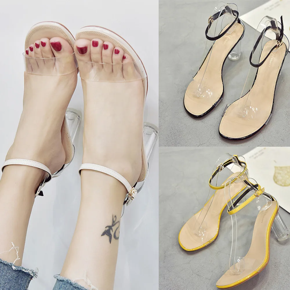 

Fashion Women Transparent Summer Sandals Basic Ankle High Heels Block Party Open Toe Shallow Shoes 30