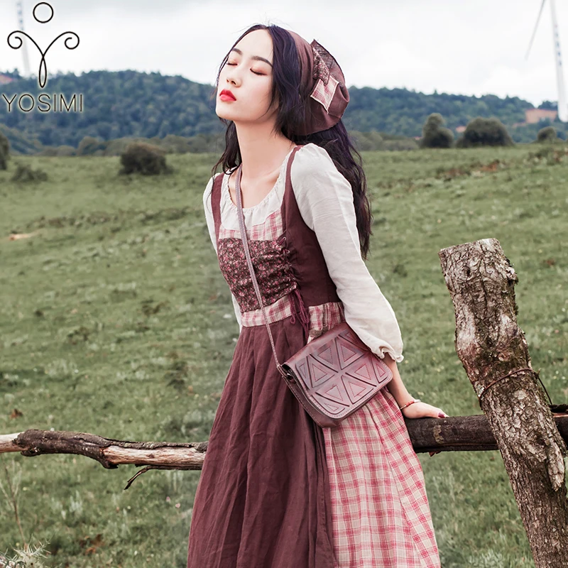 

YOSIMI 2019 Spring Summer Maxi Cotton Long Women Dress Vintage O-neck Prairie Chic Dress Full Sleeve Ankle-length Long Dress