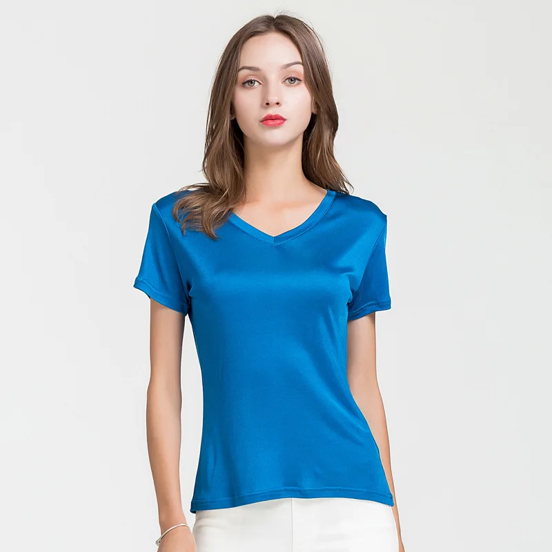 100% skutečné hedvábné dámská trička v límci s krátkým rukávem dámské divoké bonbóny barva ženský základní model dámské tričko s trička