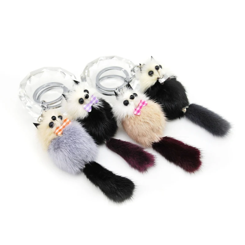 

Brand New Cute Fluffy Pompom Raccoon Keychain Genuine Mink Fur Bear Key Chain Ring Pom Pom Doll Bag Charm Car Key Holder Gift