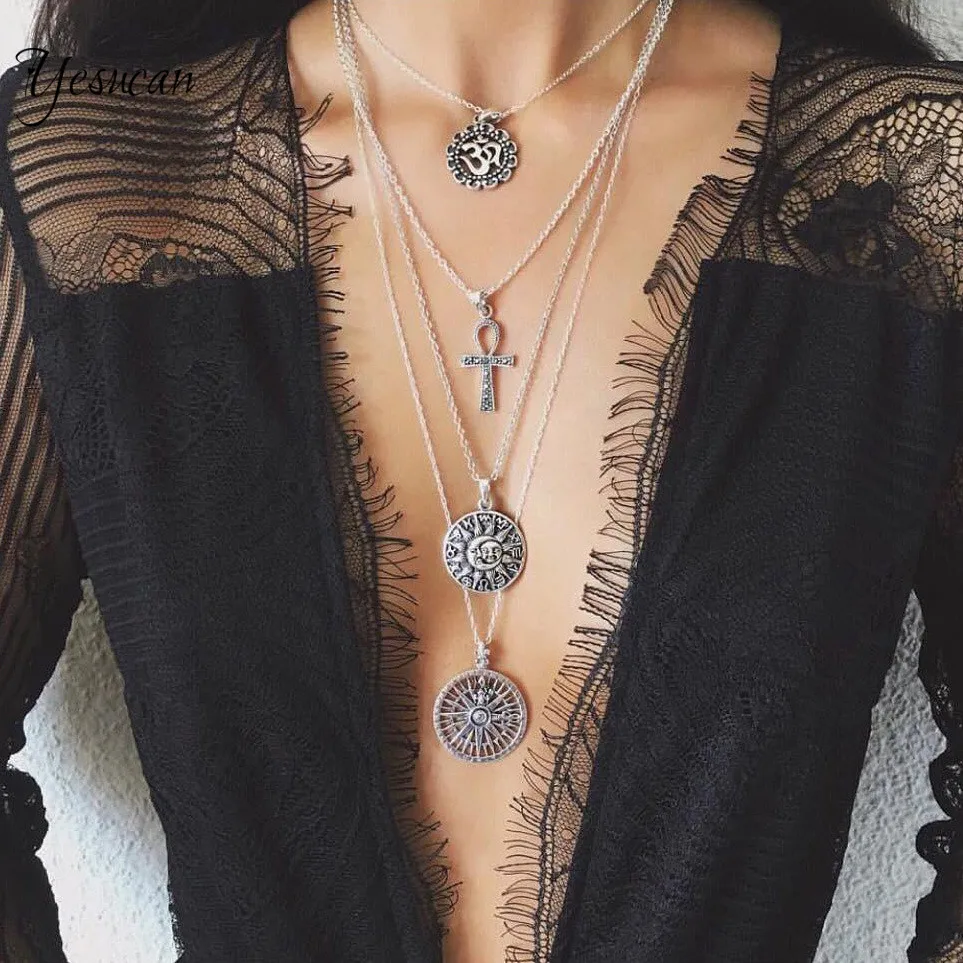 

Yesucan Ethnic Punk Cross Moon Star Pendant Necklace for Women Round Circle Piece Long Neck Jewelry Accessories