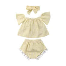 Комплект одежды для новорожденных девочек в полоску топы с открытыми плечами для новорожденных+ шорты с кисточками+ повязка на голову, комплект из 3 предметов