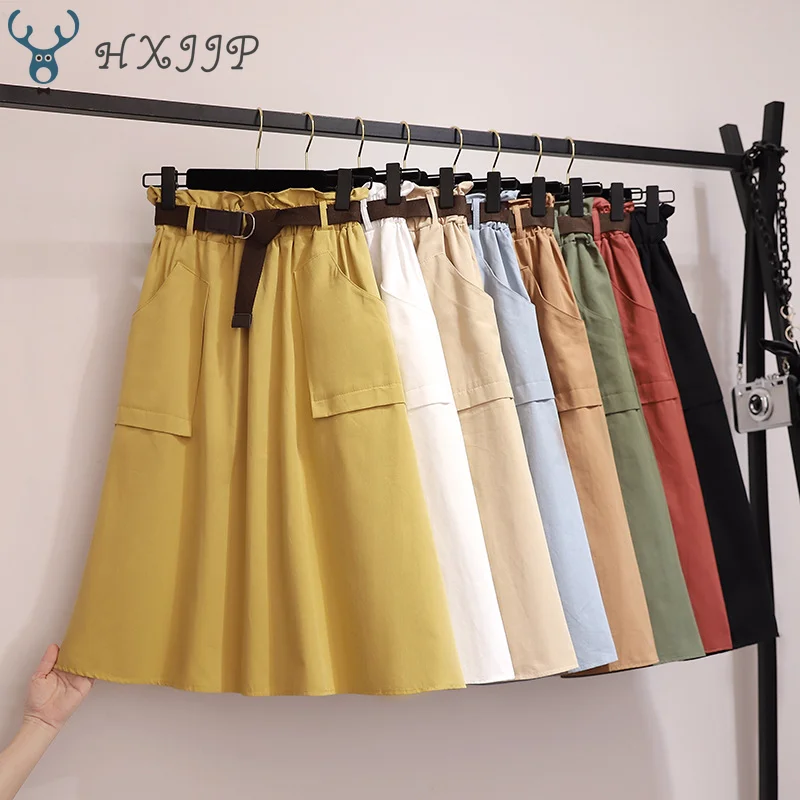 

HXJJP Midi Knee Length Summer Skirt Women With Belt 2019 Spring Casual Cotton Solid High Waist Sun School Skirt Female