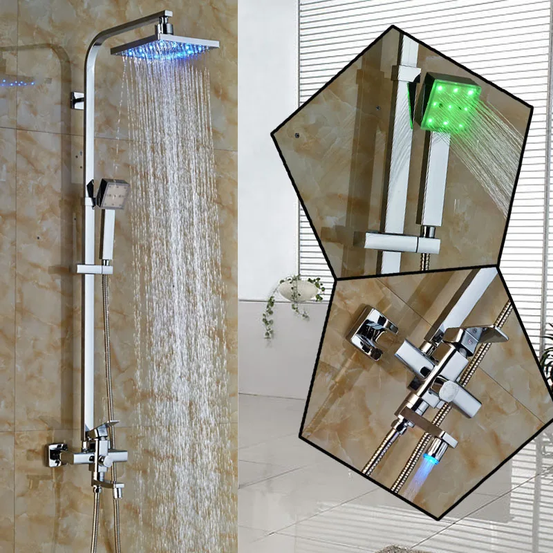 Modern Chrome 8 LED Light Rain Shower and Tub Faucet Wall Mounted Color Changing Totate Tub