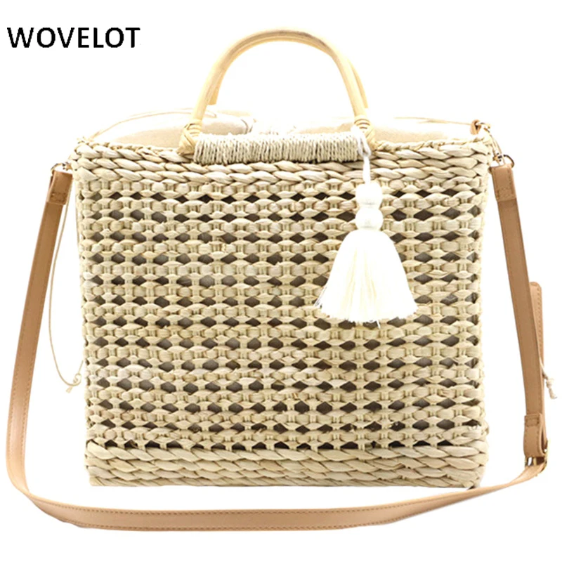 Handmade Woven Straw Beach Bag Women Handbag Female Big Travel Summer Womens Purse Fashion Tassel Messenger huismerk kopen in de aanbieding