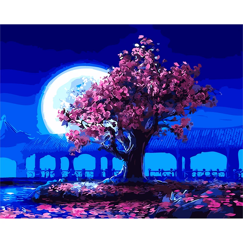 

Moon Night Pink Tree Diy Digital Paintng By Numbers Modern Wall Art Picture Canvas Painting Decorative Picture