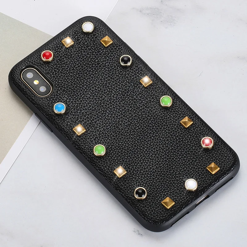 

Genuine leather Phone cases For iPhone X 10 case Rivet Litchi texture Soft shell all-inclusive For 6 6P 7 7P 8 8P cover