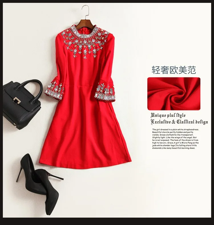 Vestidos женское платье с бриллиантами женское черное облегающее тонкое платье с бисером на осень и зиму элегантное женское платье с коротким рукавом А-силуэта - Цвет: Красный