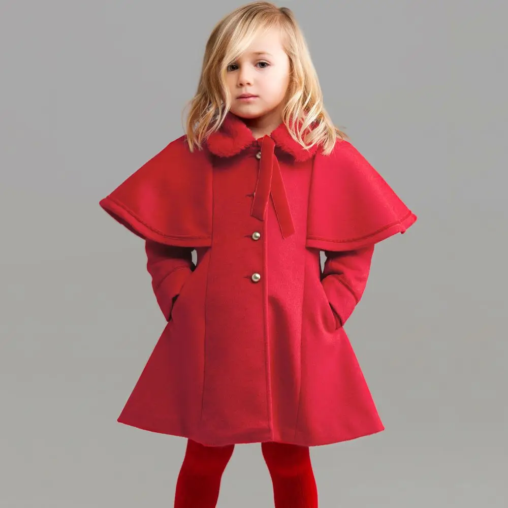 Шерстяная длинная куртка с меховым воротником для девочек, рождественское красное осенне-зимнее детское теплое пальто, детская одежда