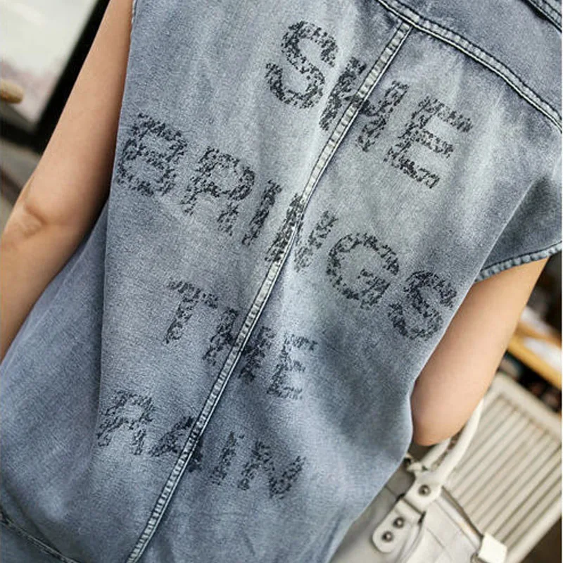 Съемный капюшон безрукавный джинсовый жилет женская мода молния с капюшоном Распашонка с надписью
