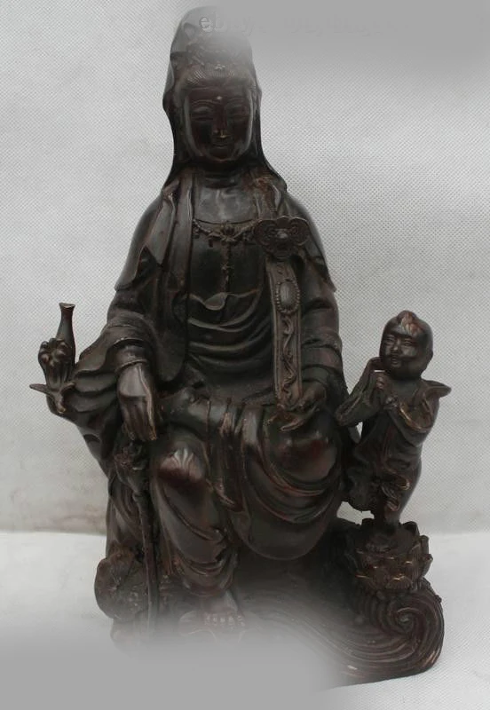 

12" Lucky Chinese Fengshui Bronze Kwan-yin Guan Yin Goddess Bring Kid Boy Statue