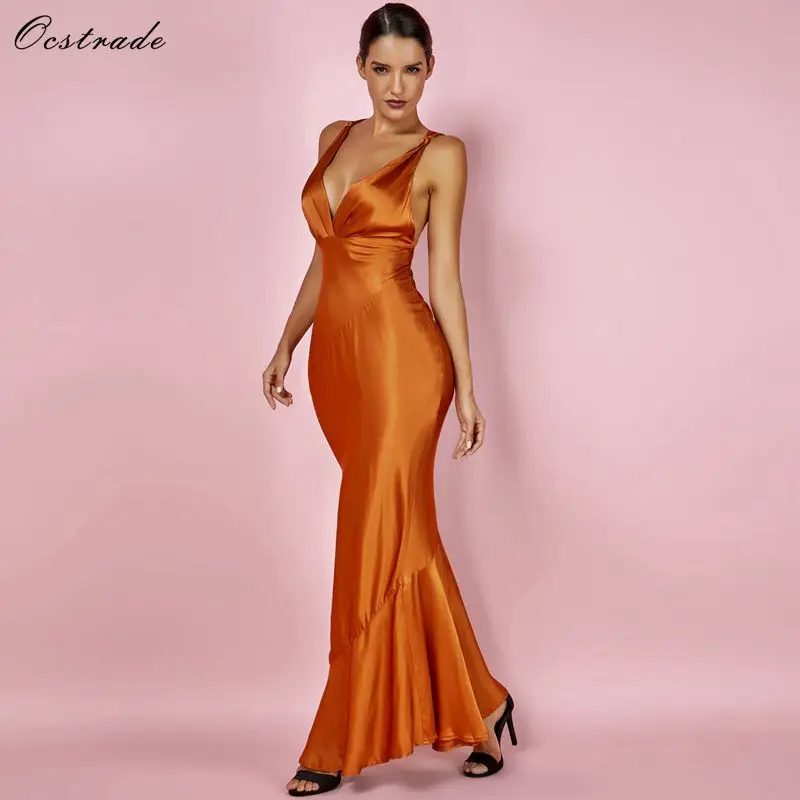 

Ocstrade New Fashion Long Maxi Women Dresses 2019 New in Summer Deep v Sexy Bronze Satin Draped Halter Backless Party Dress