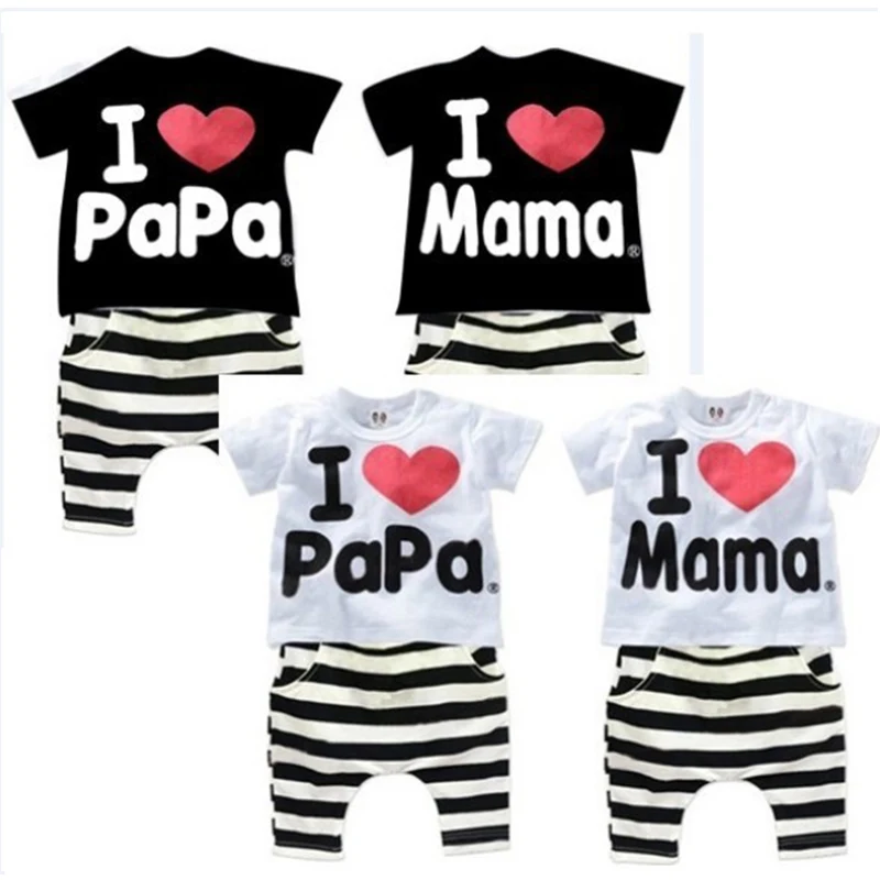 

Baby Boys Girls I LOVE PAPA MAMA Clothing Sets Children T Shirt Striped Harn 1/2 Pants Sport Suits Suit Kids Clothes Pajamas Set