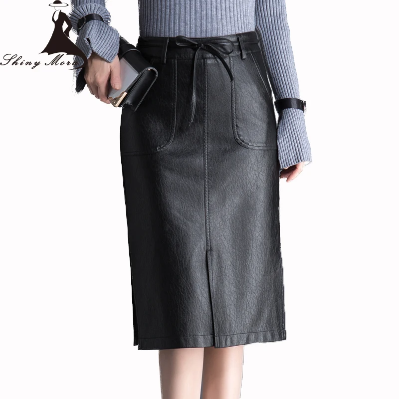 

SHINYMORA 2017 PU Leather Knee Length Skirts for Women Lace Up High Waist Skirts Lady Slim Pack Hip Skirt with Pocket Plus Size