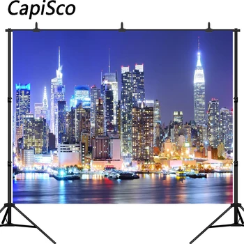 

Capisco New York City Manhattan Night Scene Skyscraper Urban Light Photography Backdrop vinyl Photo Background Studio Props