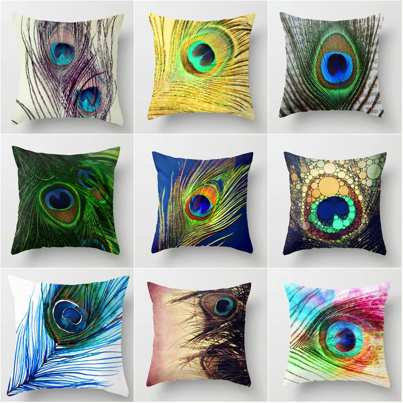 

2019 Colorful Feather Polyester Cushion Cover Pillow Case Peacock feather Home Decorative Pillow Cover Car for Sofa Cojines