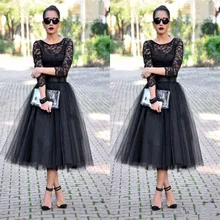 Neue Stil Eine Linie Spitze O Neck Schwarz Sheer Abendkleider Tüll Tee-länge Abschlussball-formale Kleider 2016