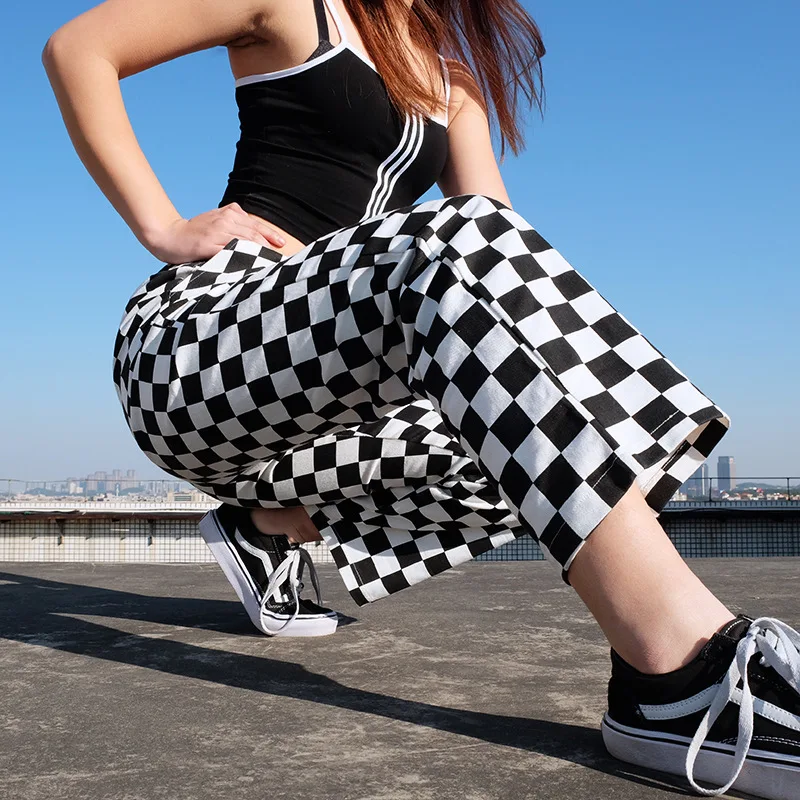 Панк клетчатые прямые широкие брюки женские шахматные повседневные свободные длинные брюки женские спортивные штаны в стиле хип-хоп Панталон