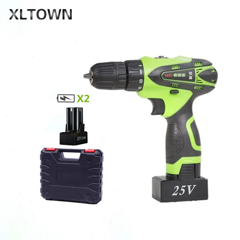 XLTOWN 25V electric drill rechargeable lithium battery multi-function electric screwdriver with 2 battery Household power tools