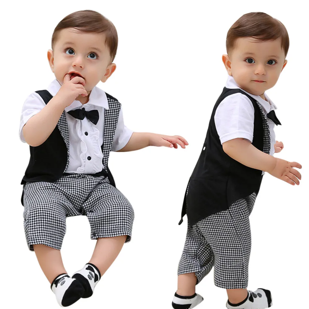 

New fbaby boys shirt fake Toddler Baby Boys Gentleman Bowtie Plaid Swallowtail Romper Jumpsuit Outfits fashion Clothes