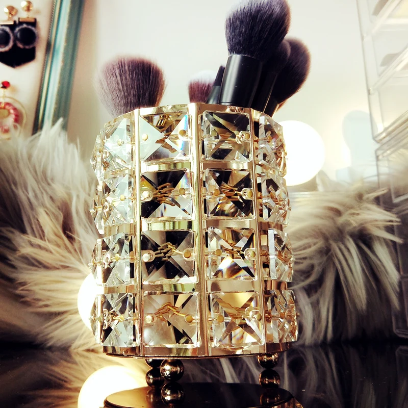 Exquisite European Gold Crystal Cosmetic Storage Tube Desktop Makeup Brush Eyebrow Pencil Comb Dressing Table Organizer Box