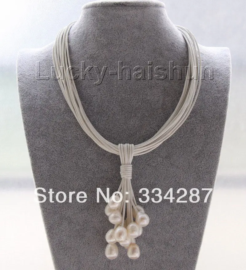 

FREE SHIPPING>>>@@ > Choker 16" 15row 14mm white pearls white leather Pendant necklace