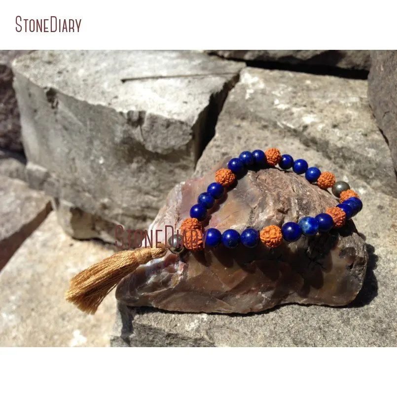 

Blue Lapis Lazuli Rudraksha & Pyrite Bracelet Stacking 27 Bead Quarter Mala with Tassel Meditation Natural Earthy Bohe WMB20871