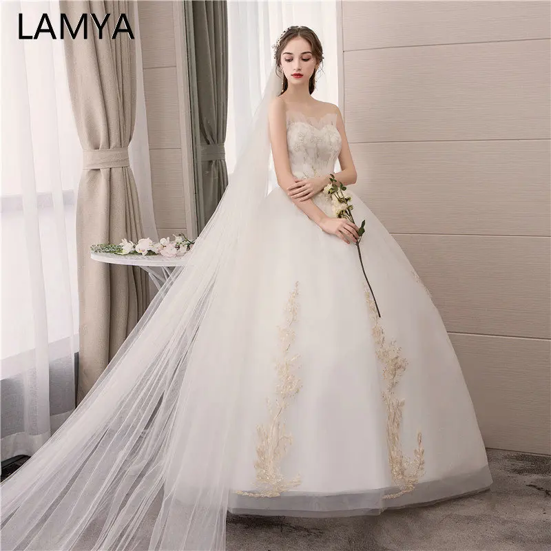 

LAMYA Strapless Gold Embroidery Wedding Dresses Plus Size Sweetheart Bridal Gown Custom Made Elegant Pearl vestido de noiva