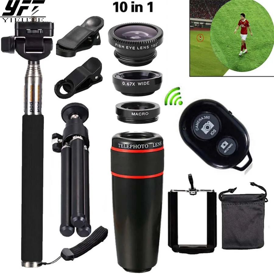 

New Arrival 10in1 Mobile Phone Camera Lens Kits 12x Telephoto Lens Wide Angle Macro Lens Fish Eye Selfie Stick Monopod Tripod