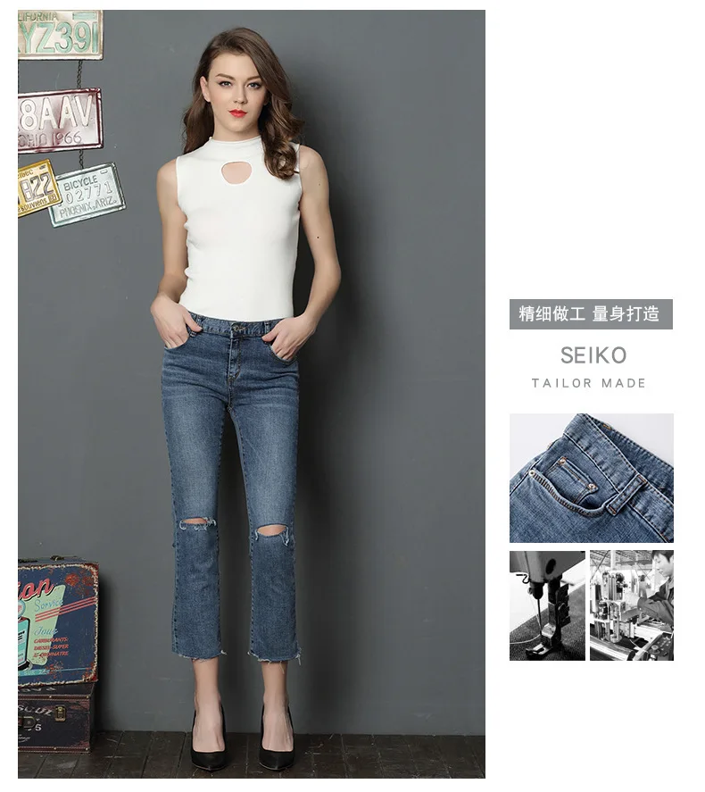 Весна и лето новое поступление талия стрейч джинсы женские прямые джинсы с разрезами на коленях flash джинсы до щиколотки джинсы для женщин 9936
