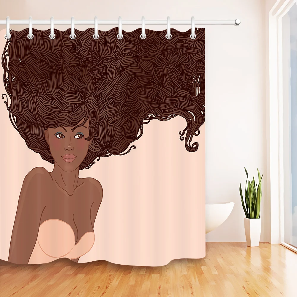 LB High Quality Waterproof Polyester Shower Curtains Shy Cute Long-haired African Girl Wearing a Pink Wrap Dress for Bath Tub | Дом и сад