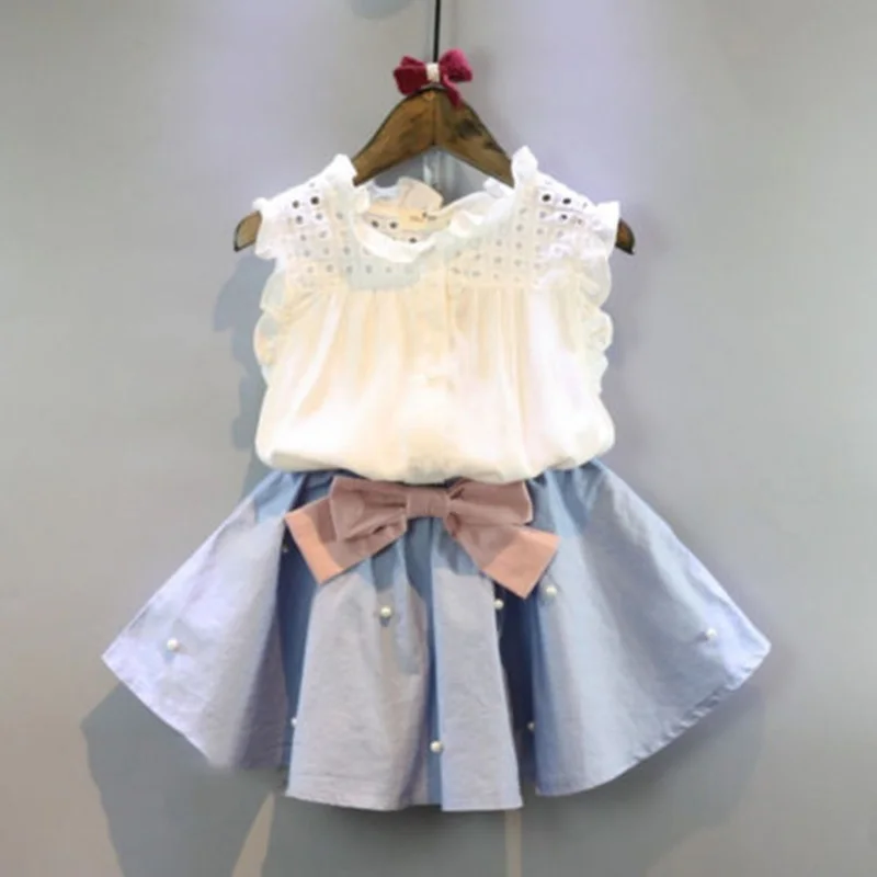 

Summer Kid Baby Girl Ruffle Neck Sleeveless Shirt Blouse Tops+Bowknot Tutu Mini Dress 2Pcs Clothes