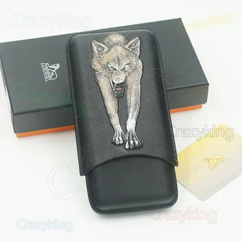 

Lubinski Black Leather Embossed Color Wolf 3 Tube Cigar Travel Case Fit COHIBA