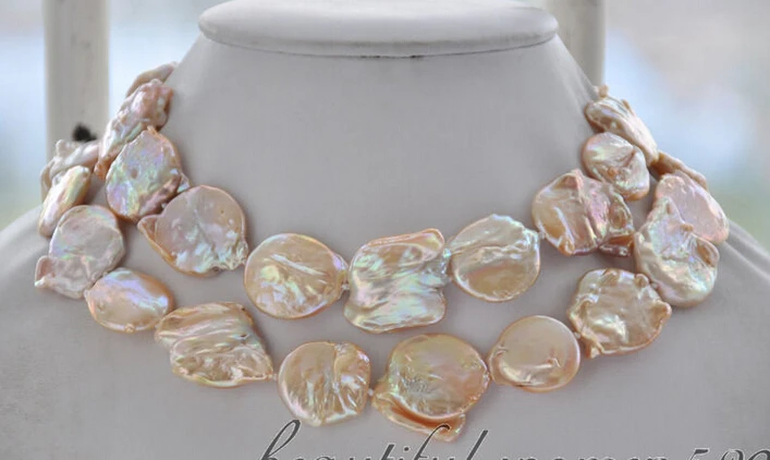 

z6680 REAL 24mm coin pink freshwater pearl necklace 34inch 925silver AAA