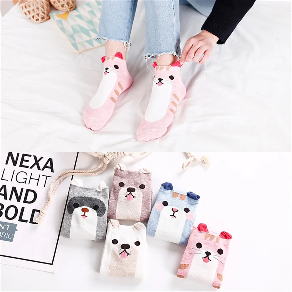 

10 pieces = 5 pairs ladies spring summer socks cotton cartoon animals 3-D ears stealth women slipper socks nice girl socks